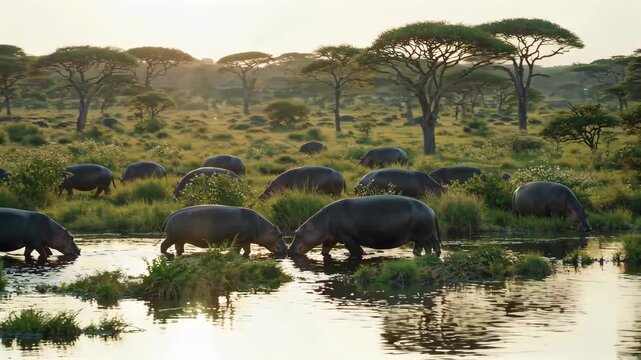 African steppe hippopotamus drinking scene African steppe hippopotamus
