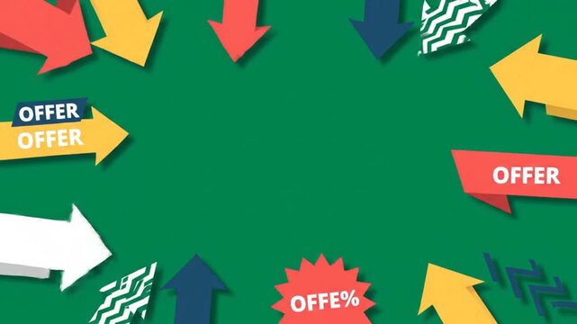 Colorful animation green screen border frame with arrows and offer signs for chroma key