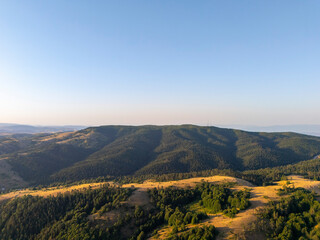 Naklejka premium Aerial drone view of a forest-covered hill in Turkey, surrounded by sunlit fields and valleys under a clear blue sky. The serene rural landscape highlights nature’s untouched beauty.
