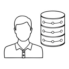 Man interacting with database silhouette isolated on white background