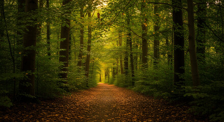 Fototapeta premium Serene Forest Path Leading Through Tall Trees with Dappled Sunlight