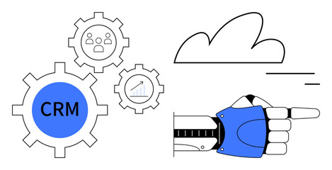 Robotic hand pointing towards cloud with CRM gear, user icon, and analytics chart. Ideal for automation, AI, data processing, cloud computing, CRM systems, innovation simple landing page