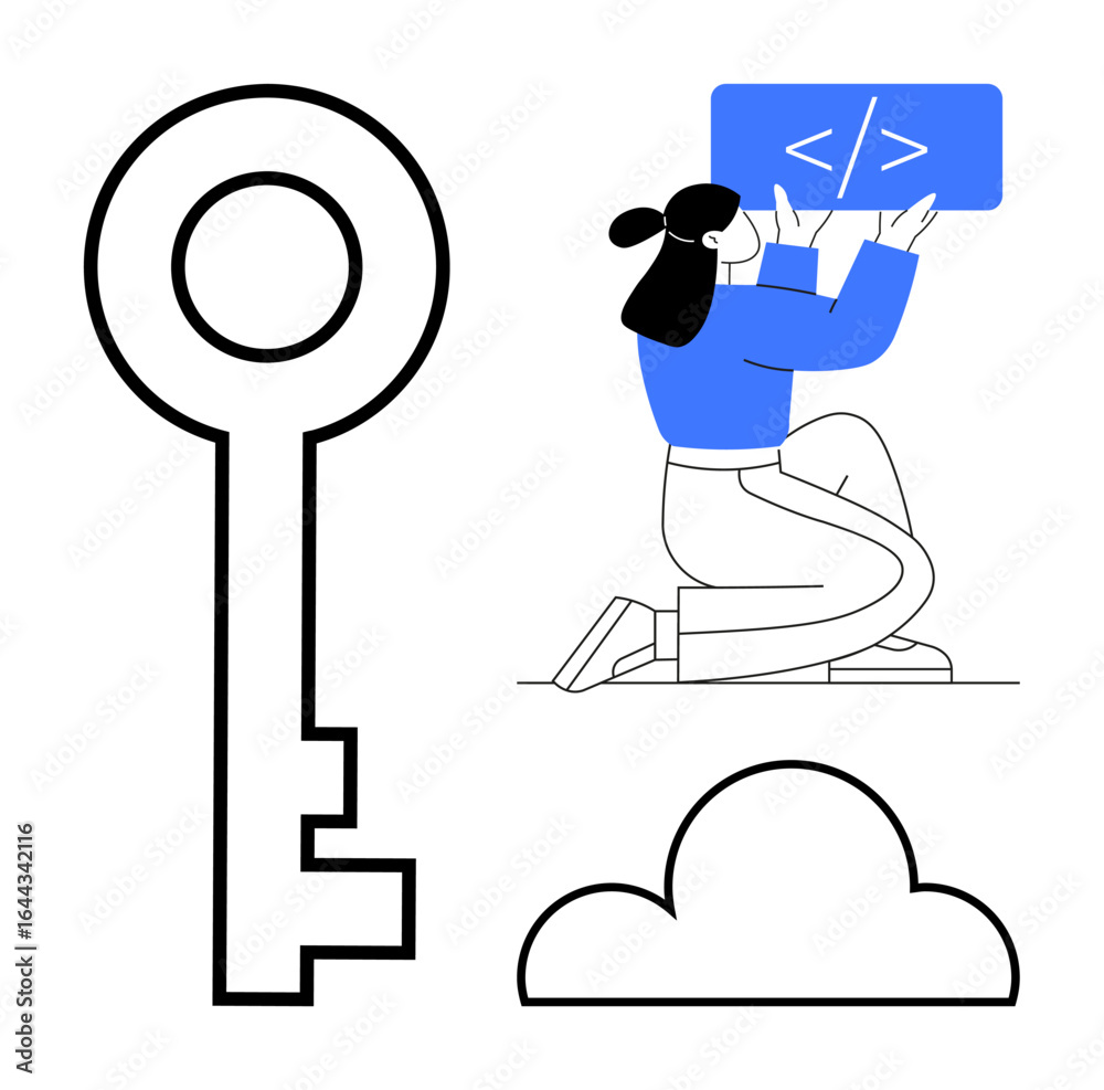 Wall mural woman kneeling while coding, large key symbolizing security, and cloud representing cloud solutions.