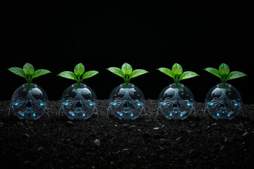Futuristic green plants growing from transparent glowing pods with wire like roots embedded in dark soil in sci fi scene