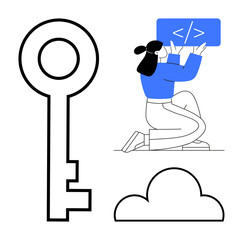 Woman kneeling while coding, large key symbolizing security, and cloud representing cloud solutions. Ideal for technology, coding, cloud computing, cybersecurity, software development, IT simple