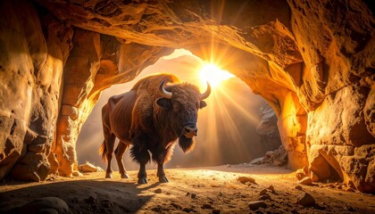 A majestic American bison stands silhouetted against a brilliant sunburst at the entrance of a rocky cave, creating a powerful image of nature's grandeur and beauty.