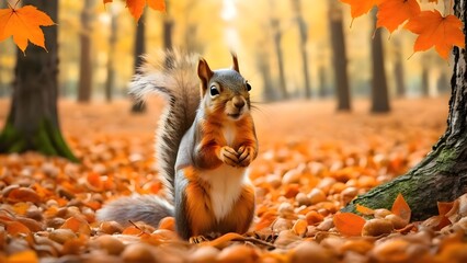 Squirrel sitting on the ground covered with leaves in a forest setting showing wildlife and autumn nature scene