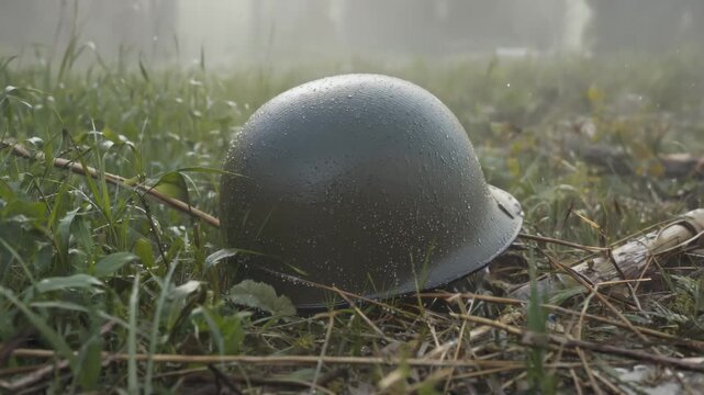 Helmet of a Soldier on Ground in Rain