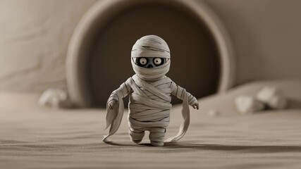 3D Rendering of an adorable mummy figure walking on the desert