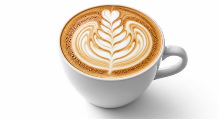 Latte Art in Ceramic Cup: A close-up shot of an artfully designed latte in a white ceramic cup, featuring intricate patterns of froth