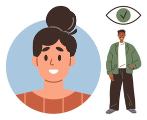 Smiling woman portrait in a circle frame beside casual-dressed man, checkmark above symbolic eye. Ideal for identity, inclusion, validation, approval, personal branding, diversity, teamwork concepts