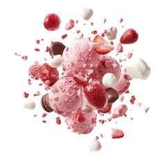Exploding strawberry ice cream scoops with chunks of strawberries and white chocolate pieces