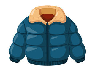 Blue puffer jacket. Warm autumn and winter clothing. Cold weather outfit. Cartoon vector illustration on white background. 