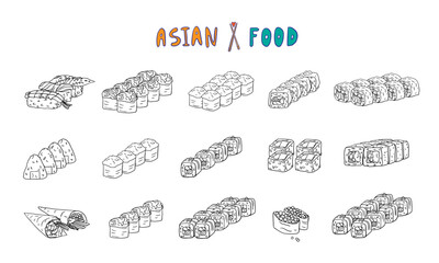 Large set of Japanese cuisine. Onigiri, roll, sushi roll, rice. Asian food. Hand drawn