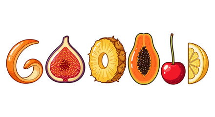 "GOOD" spelled using various fruit slices on a white background.