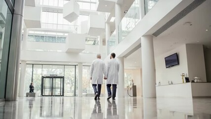 Two doctors walk together in a modern hospital lobby with contemporary design elements