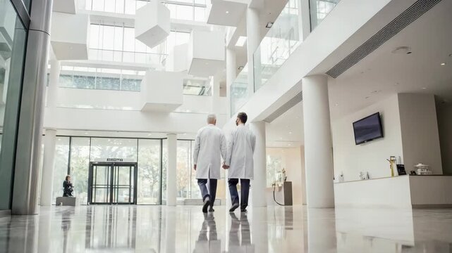 Two doctors walk together in a modern hospital lobby with contemporary design elements - Powered by Adobe