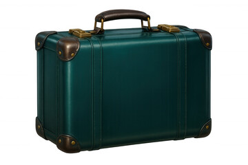 Vintage green suitcase featuring brown leather accents, standing isolated in studio setting, capturing nostalgic travel anticipation