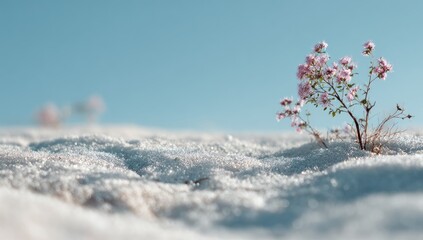 A small, flowering plant with delicate pink blossoms bravely emerges from a vast expanse of pristine white sand, bathed in soft sunlight against a clear, pale blue sky