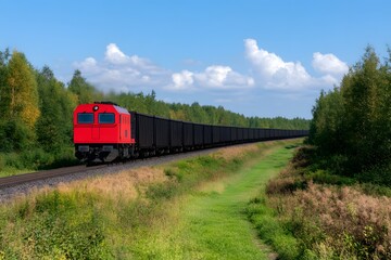 Obraz premium Bright red train moving on countryside railway, green fields and trees under clear blue sky, rural transportation landscape, travel and industry background with copy space