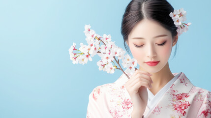 Elegance of traditional kimono enhanced by cherry blossoms on a serene background