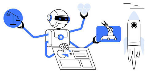 Robot managing multitasking setup, holding scale, heart, robotic arm control, and interface, with a rocket symbolizing innovation. Ideal for AI ethics, automation, robotics technology future