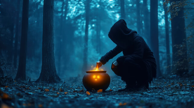Mystical forest scene with baba yaga stirring a glowing cauldron at twilight