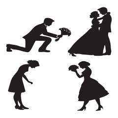 A wedding couple in various poses, including a proposal, an embrace, and a bride holding a bouquet, isolated on white background the silhouettes are elegant and romantic