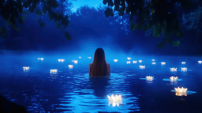 Enchanting rusalka standing waist deep in moonlit lake surrounded by glowing water lilies