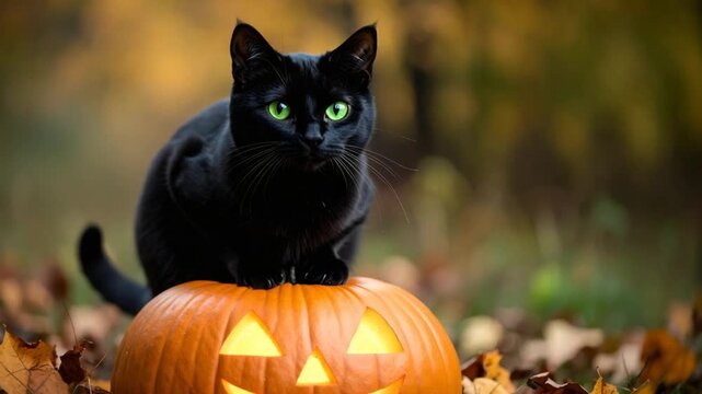 Black cat on halloween pumpkin