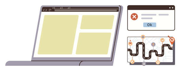 Laptop open with browser showing content boxes, error pop-up with Ok button, and a navigation map. Ideal for error handling, user experience, navigation, web design, problem-solving, troubleshooting