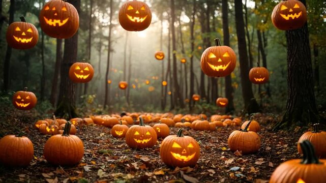 Floating jack o lanterns forest