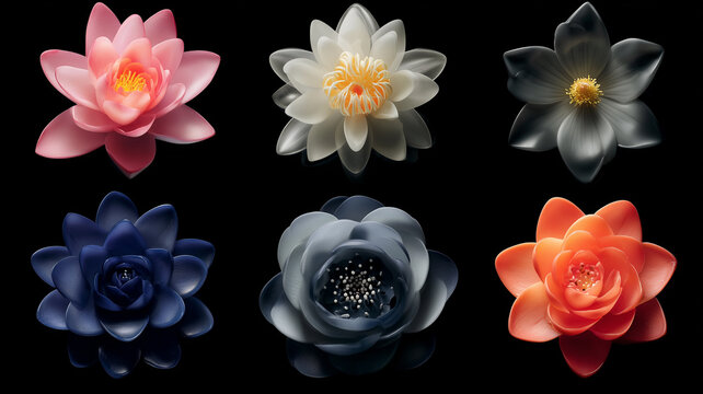  Six lotus blooms rendered as glossy design icons. A versatile floral set for branding, wellness, and modern interface themes.
