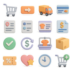 3d e-commerce icons set featuring cart, delivery, payment, tracking, order, offer, and review symbols