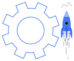 Blue rocket taking off beside a gear and small line graph. Ideal for technology, innovation, mechanics, growth, development, analytics, progress. A simple flat metaphor