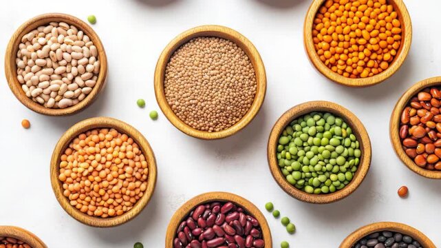 A variety of legumes in bowls on a counter top.