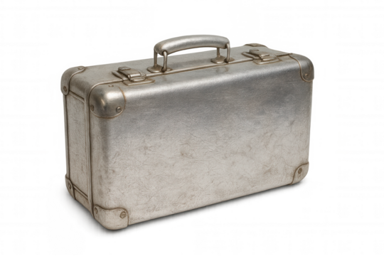 Vintage silver metallic suitcase featuring metal handle, reinforced corners, sitting against transparent backdrop