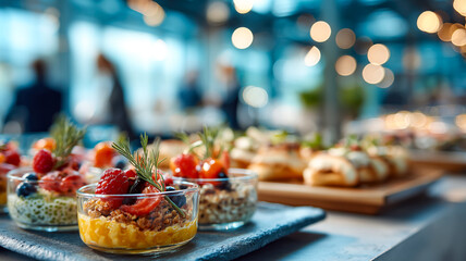 Assorted appetizers featuring fruit and savory bites served in small glasses, presented beautifully on a slate platter.