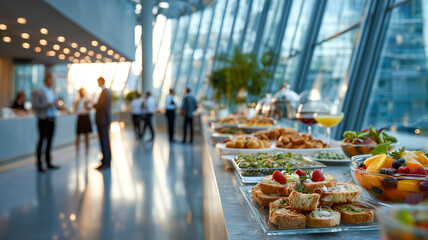 Conference catering: Diverse food display, networking professionals, modern architecture, natural light. Appetizing business event setup.