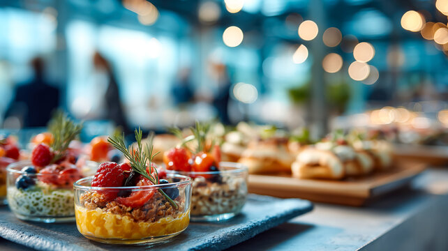 Assorted appetizers featuring fruit and savory bites served in small glasses, presented beautifully on a slate platter.