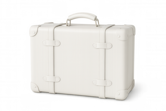 White luxury suitcase positioned against clean transparent backdrop, reflecting travel preparedness and sophisticated mobility