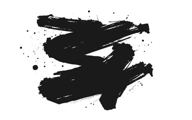 A dynamic, black ink brush stroke with splattered edges on a clean white background.