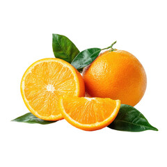 Juicy oranges, segmented and whole, with vibrant green leaves, set against a black backdrop