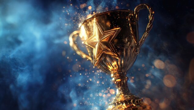 A gold trophy with a star, engulfed in blue smoke and sparkling particles, signifies achievement and victory