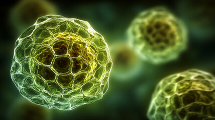 A cell like capsule wrapped in a translucent hex mesh membrane glowing yellow green within a soft environment.
