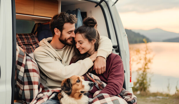 A couple of lovers man and a woman, are hugging while sitting in travel van with their dog against the backdrop of beautiful nature with a lake and mountains. People relaxing together in wild nature.