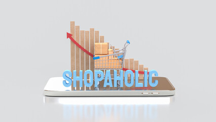 The Shopping Cart and Box on mobile for shopaholic concept 3d Rendering.