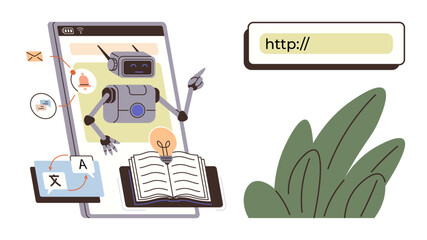 AI robot interacting with digital texts, translating languages, managing tasks, and supporting learning. Ideal for education, AI, technology, automation language communication study. Simple flat