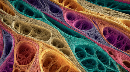 Vast fibrous membrane woven into multicolored channels, forming layered pockets and porous pathways.
