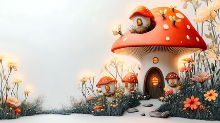 Fantasy mushroom house with glowing bee hives, Whimsical forest scene filled with tiny lights and flowers, Magical cartoon illustration with soft background and copy space
